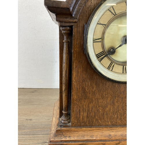 449 - A 19th century French Japy Freres oak cased chiming mantel clock with ceramic dial and pendulum - ap... 