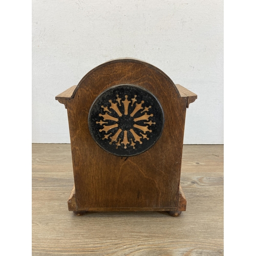 449 - A 19th century French Japy Freres oak cased chiming mantel clock with ceramic dial and pendulum - ap... 