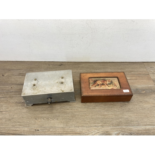 468 - Seven antique and later hardwood and metallic storage boxes to include brass cigarette case, Art Dec... 