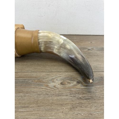 469 - A pair of mounted taxidermy bull horns - approx. 25.5cm high x 67cm long