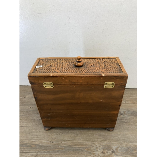 501 - An Oriental style bamboo and wicker two step storage box - approx. 40cm high x 36cm wide x 26cm deep