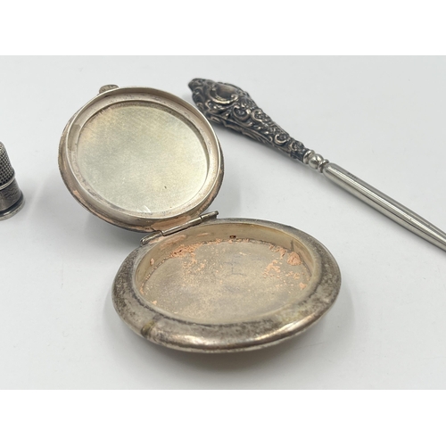 1251 - Three silver and white metal vanity items, hallmarked Birmingham silver thimble, hallmarked Chester ... 