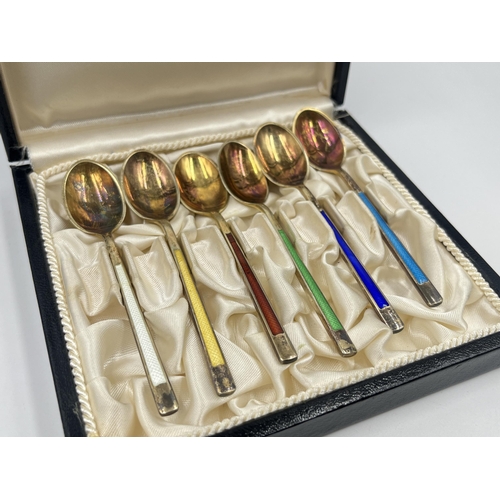 1256 - A cased set of six Meka Denmark sterling silver and enamel coffee spoons - approx. gross weight 60 g... 