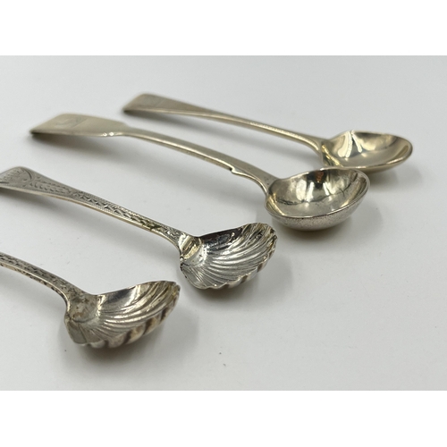 1319 - Four hallmarked sterling silver condiment spoons, two 	Peter, Ann & William Bateman London 1799 and ... 