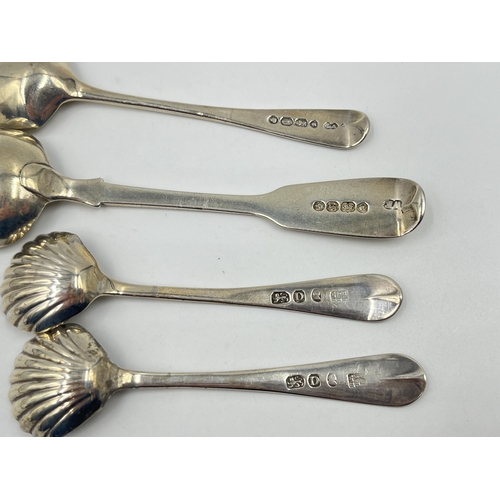 1319 - Four hallmarked sterling silver condiment spoons, two 	Peter, Ann & William Bateman London 1799 and ... 