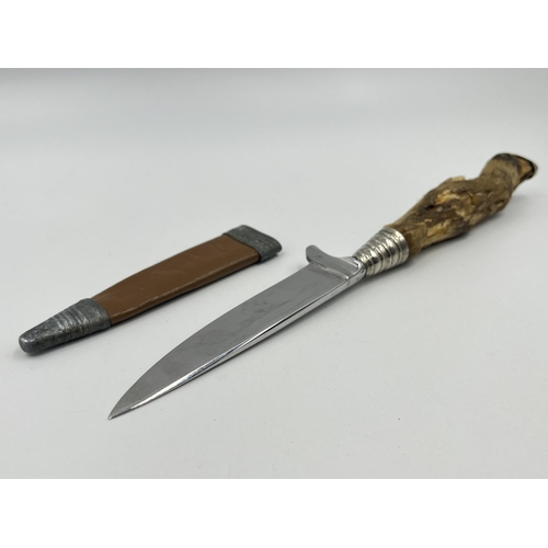 1348 - A German Solingen hunting knife with deer hoof handle and sheath - approx. 23cm long and blade 10.5c... 