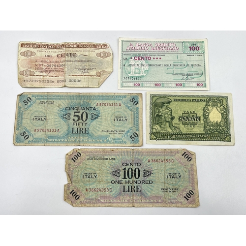 1359 - A collection of Italian banknotes to include 1947 1000 lire, 1943 100, 50 and 2 lire Allied Military... 