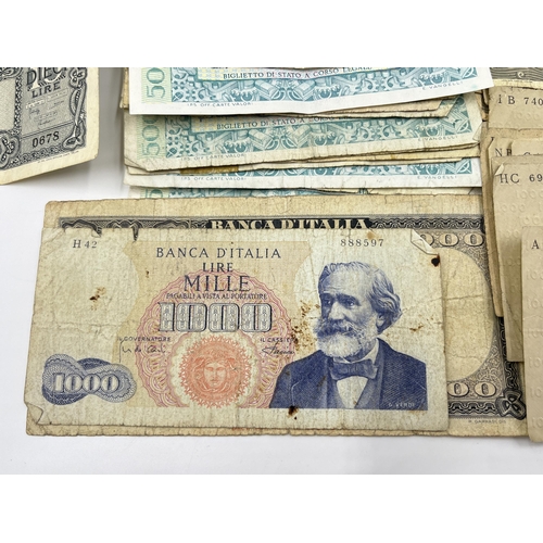 1359 - A collection of Italian banknotes to include 1947 1000 lire, 1943 100, 50 and 2 lire Allied Military... 