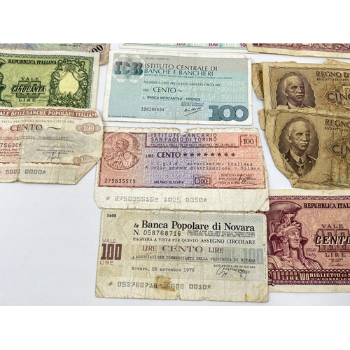 1359 - A collection of Italian banknotes to include 1947 1000 lire, 1943 100, 50 and 2 lire Allied Military... 