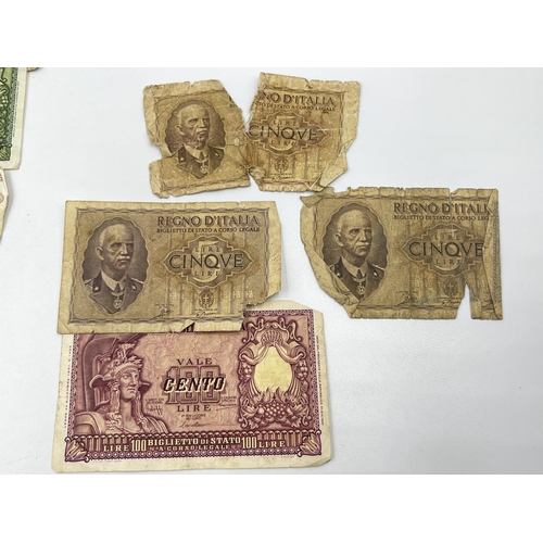 1359 - A collection of Italian banknotes to include 1947 1000 lire, 1943 100, 50 and 2 lire Allied Military... 