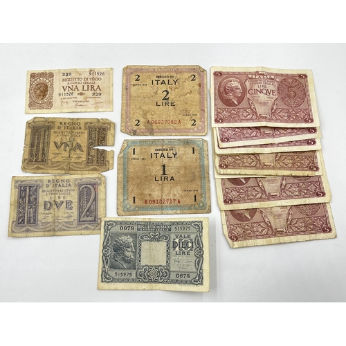 1359 - A collection of Italian banknotes to include 1947 1000 lire, 1943 100, 50 and 2 lire Allied Military... 