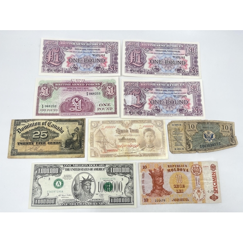 1370 - Nine notes and banknotes to include Dominion of Canada 25 cents dated January 2nd 1900, Republica Mo... 