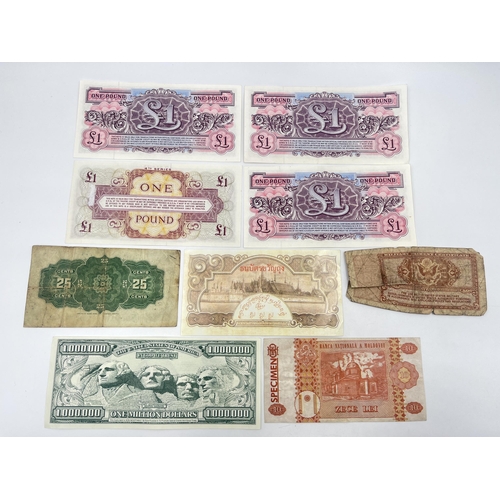 1370 - Nine notes and banknotes to include Dominion of Canada 25 cents dated January 2nd 1900, Republica Mo... 