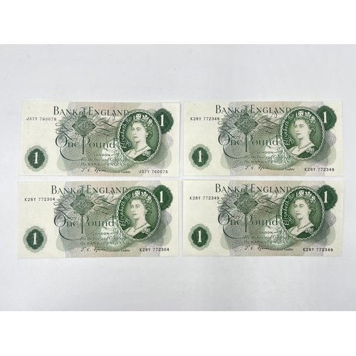 1377 - Four late 1960s Bank of England £1 notes, two with consecutive serial numbers K28Y 772348-K28Y 77234... 