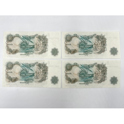 1377 - Four late 1960s Bank of England £1 notes, two with consecutive serial numbers K28Y 772348-K28Y 77234... 