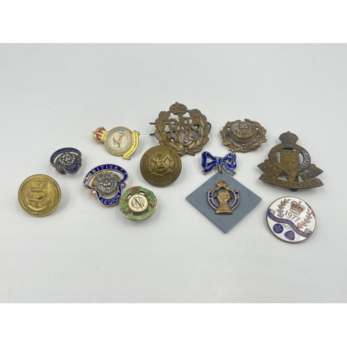 1384 - Eleven vintage badges and buttons to include British Legion, RAF, Royal Army Ordnance Corps, York & ... 