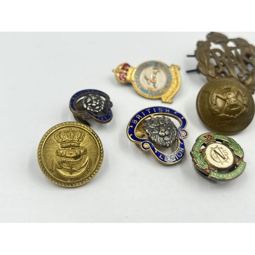 1384 - Eleven vintage badges and buttons to include British Legion, RAF, Royal Army Ordnance Corps, York & ... 