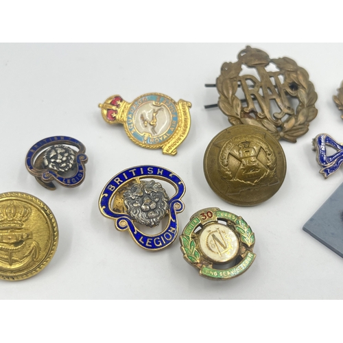 1384 - Eleven vintage badges and buttons to include British Legion, RAF, Royal Army Ordnance Corps, York & ... 