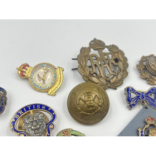 1384 - Eleven vintage badges and buttons to include British Legion, RAF, Royal Army Ordnance Corps, York & ... 