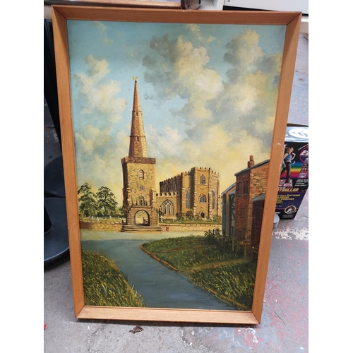 788 - Six framed pictures to include oil on board of a church scene, oil on canvas of a lady signed lower ... 