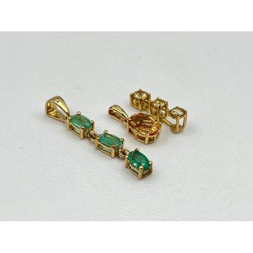 1023 - Three 9ct gold gemstone set pendants, one green beryl, one yellow topaz and one citrine - approx. gr... 