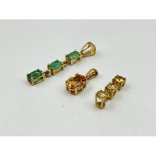 1023 - Three 9ct gold gemstone set pendants, one green beryl, one yellow topaz and one citrine - approx. gr... 