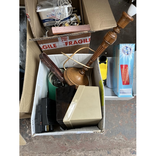 748 - Three boxes containing 19th century style oak fluted table lamp, Oriental ceramics etc.