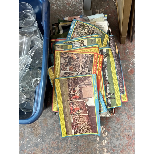 789 - Three boxes containing glassware, vintage football magazine cut-outs and ceramics to include large h... 