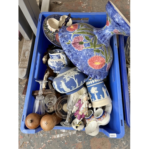 789 - Three boxes containing glassware, vintage football magazine cut-outs and ceramics to include large h... 