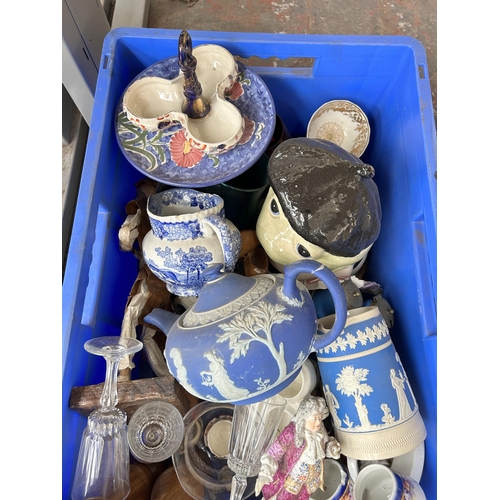 789 - Three boxes containing glassware, vintage football magazine cut-outs and ceramics to include large h... 