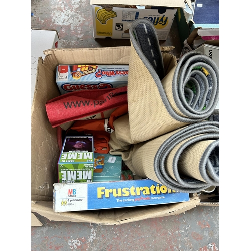 797 - Three boxes containing anchor coat hooks, boxed Dyson car kit attachments and toys and games to incl... 