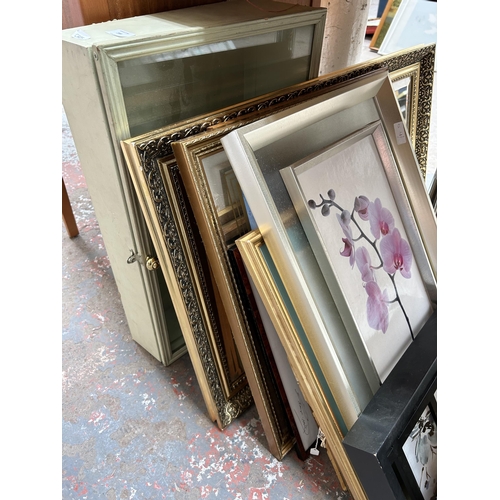 799 - A collection of items to include tabletop jewellery display cabinet, framed pictures, mirror, rug, l... 