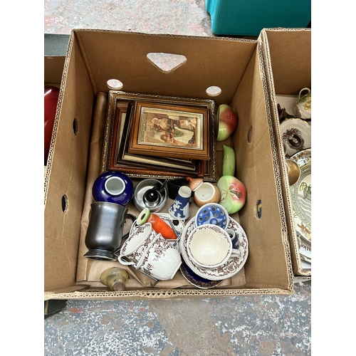 801 - Four boxes containing Stanley Gibbons stamp album with contents, framed pictures, soda syphon, hallm... 