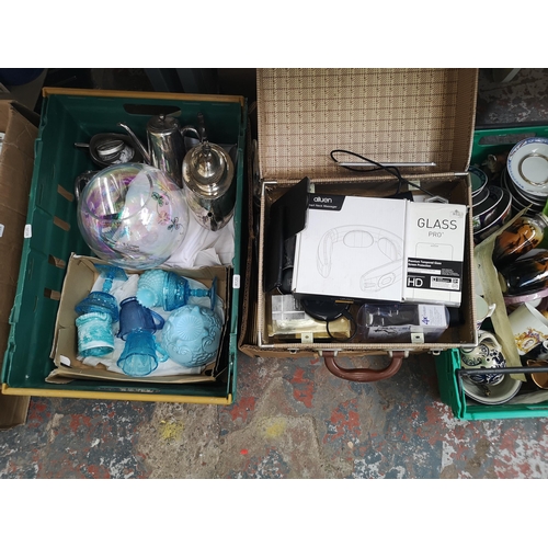 754 - Five boxes containing collectable tins, ceramics, glassware, silver plated items etc.