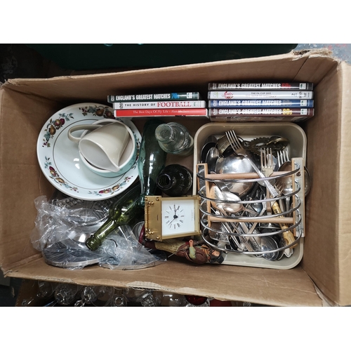 754 - Five boxes containing collectable tins, ceramics, glassware, silver plated items etc.