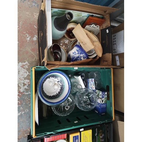 755 - Five boxes containing glassware, ceramics, collectable tins, wooden dolphin etc.