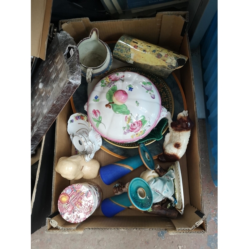 756 - Two boxes containing collectable thimbles, busts and ceramics to include Copeland Spode, Sylvac, Mas... 