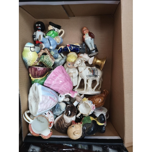 756 - Two boxes containing collectable thimbles, busts and ceramics to include Copeland Spode, Sylvac, Mas... 