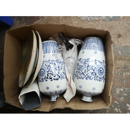 757 - Four boxes containing ceramics and glassware to include Hornsea, Price, Chinese blue and white vase ... 