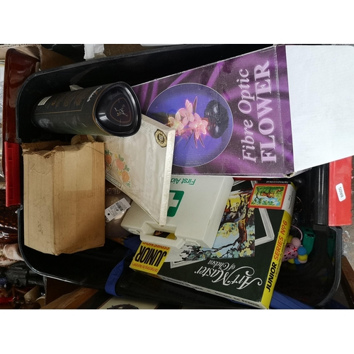 758 - Three boxes containing books, mirror, metal pig, Bush radio, boxed wall charger, Samsung DVD writer,... 