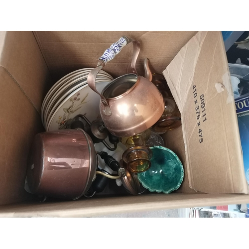 760 - Four boxes containing copper kettles, ceramics, glassware, soft toys etc.