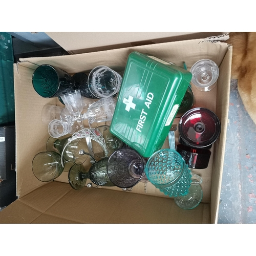 760 - Four boxes containing copper kettles, ceramics, glassware, soft toys etc.