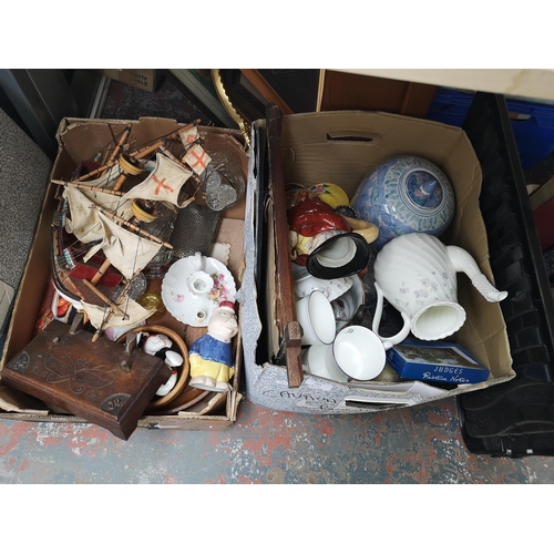 763 - Five boxes containing model sailing ship, Wedgwood and Susie Cooper ceramics, barometer, brassware, ... 