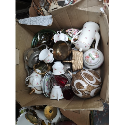 763 - Five boxes containing model sailing ship, Wedgwood and Susie Cooper ceramics, barometer, brassware, ... 