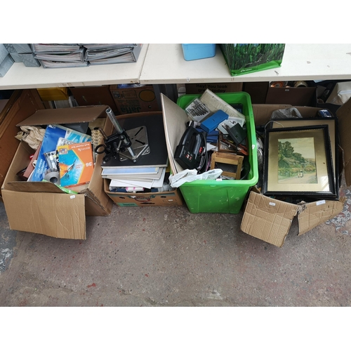 770 - Five boxes containing art supplies, framed pictures, Skil electric saw, books etc.