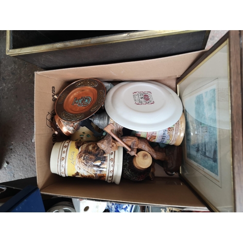 774 - Four boxes containing glassware, silver plated tankard, boxed Aynsley Cottage Garden gateau plate an... 