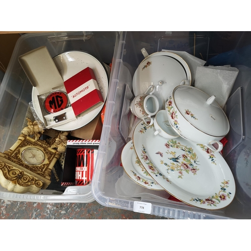 778 - Two boxes containing clock, dominoes, Denby, Johnson Brothers and Noritake ceramics, boxed MG Owner'... 