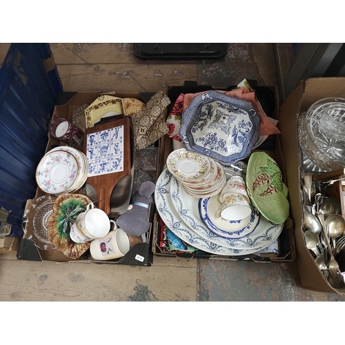 783 - Five boxes containing clog boat model, cutlery, glassware and ceramics to include Colclough, Spode, ... 