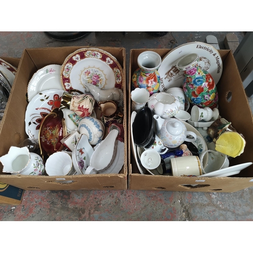 787 - Three boxes containing glassware, pewter and ceramics to include Aynsley, Beverley, Wade, Hornsea, C... 