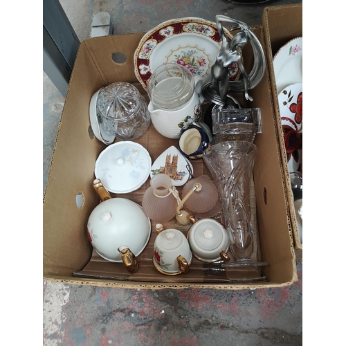 787 - Three boxes containing glassware, pewter and ceramics to include Aynsley, Beverley, Wade, Hornsea, C... 